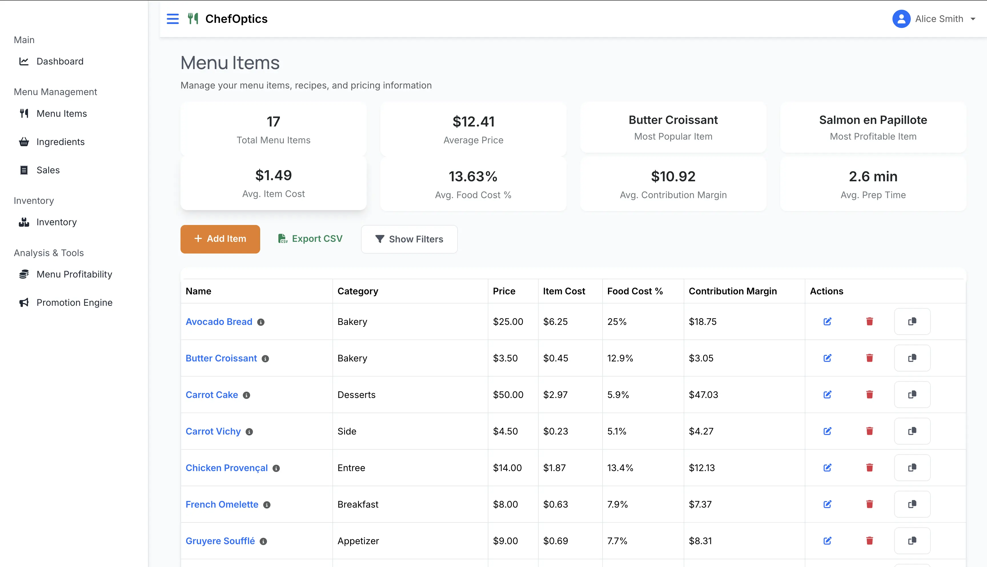 Recipe costing feature