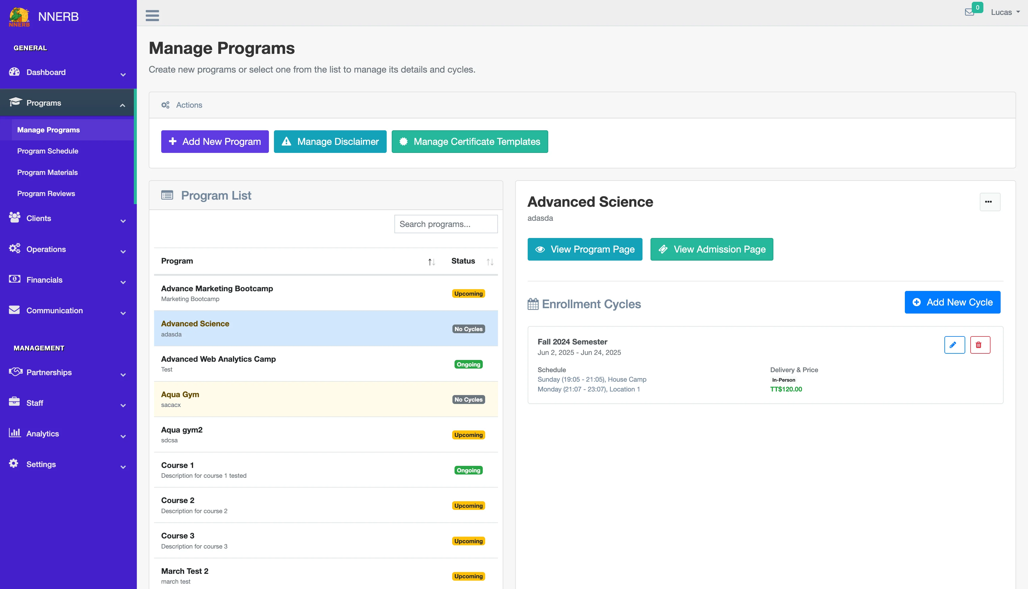 A screenshot showing how to set up programs and terms in NNERB.