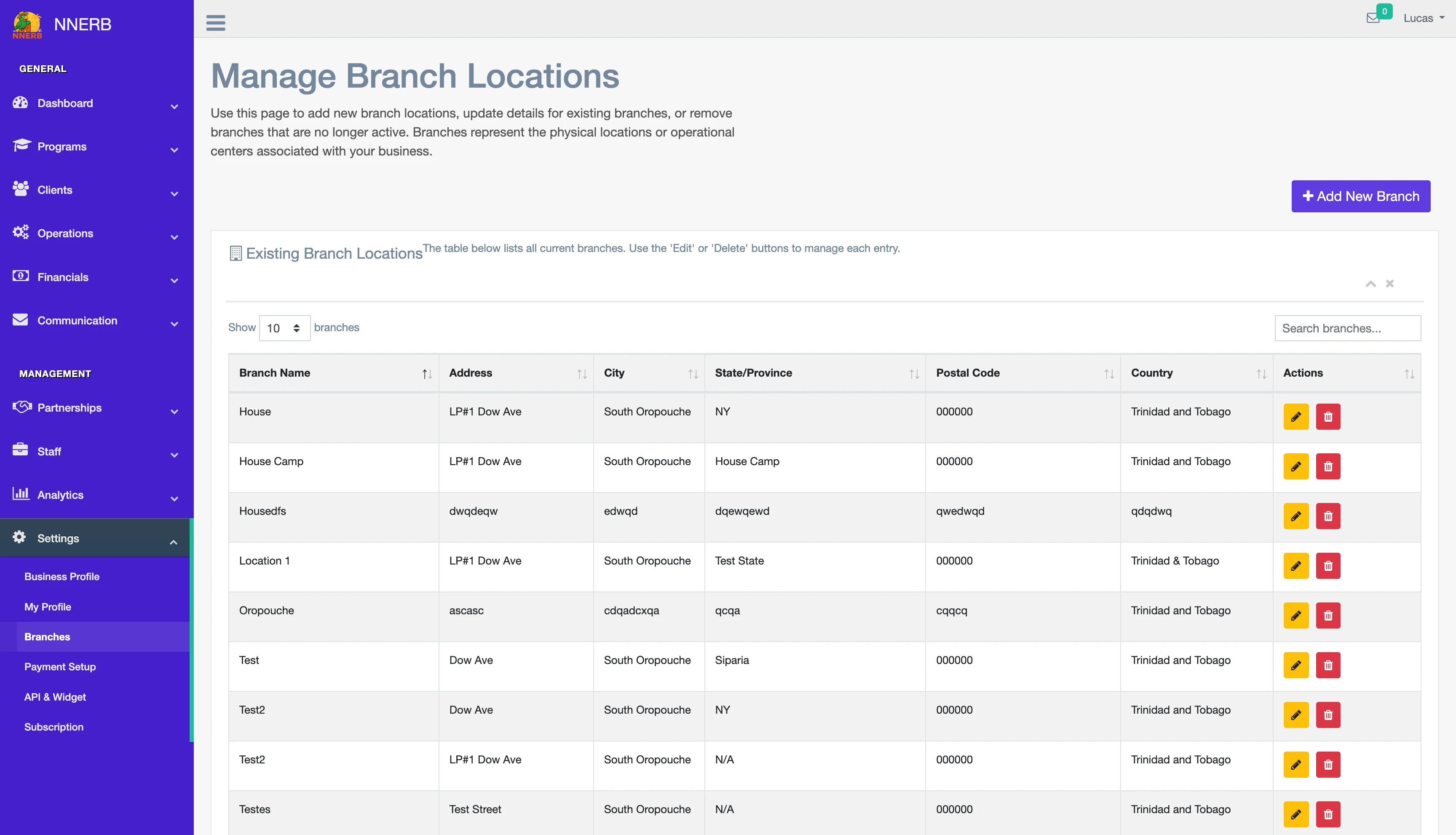 A screenshot showing how to manage multiple business locations in NNERB.