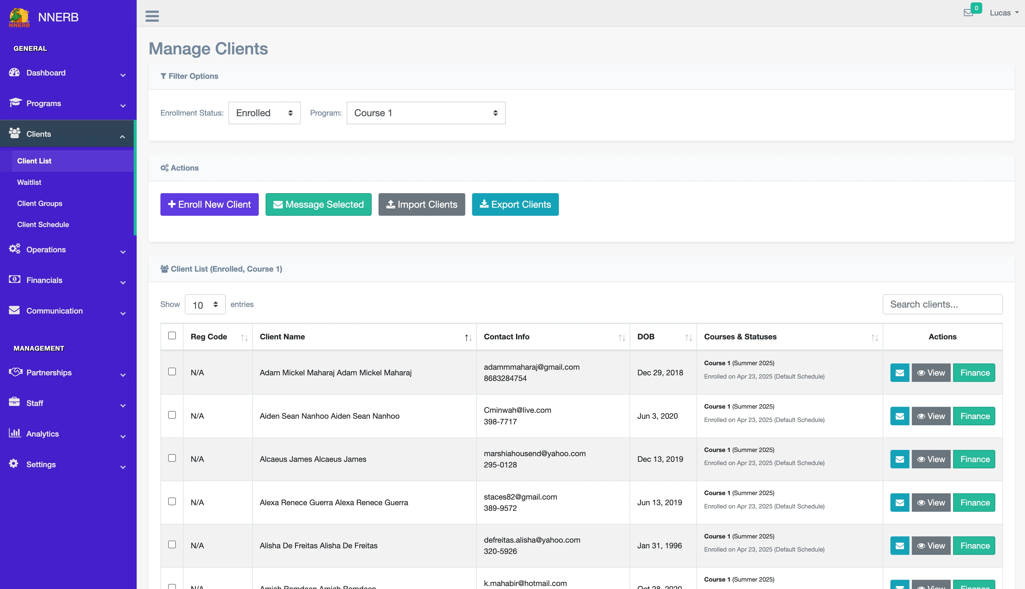NNERB dashboard showing an organized class roster.