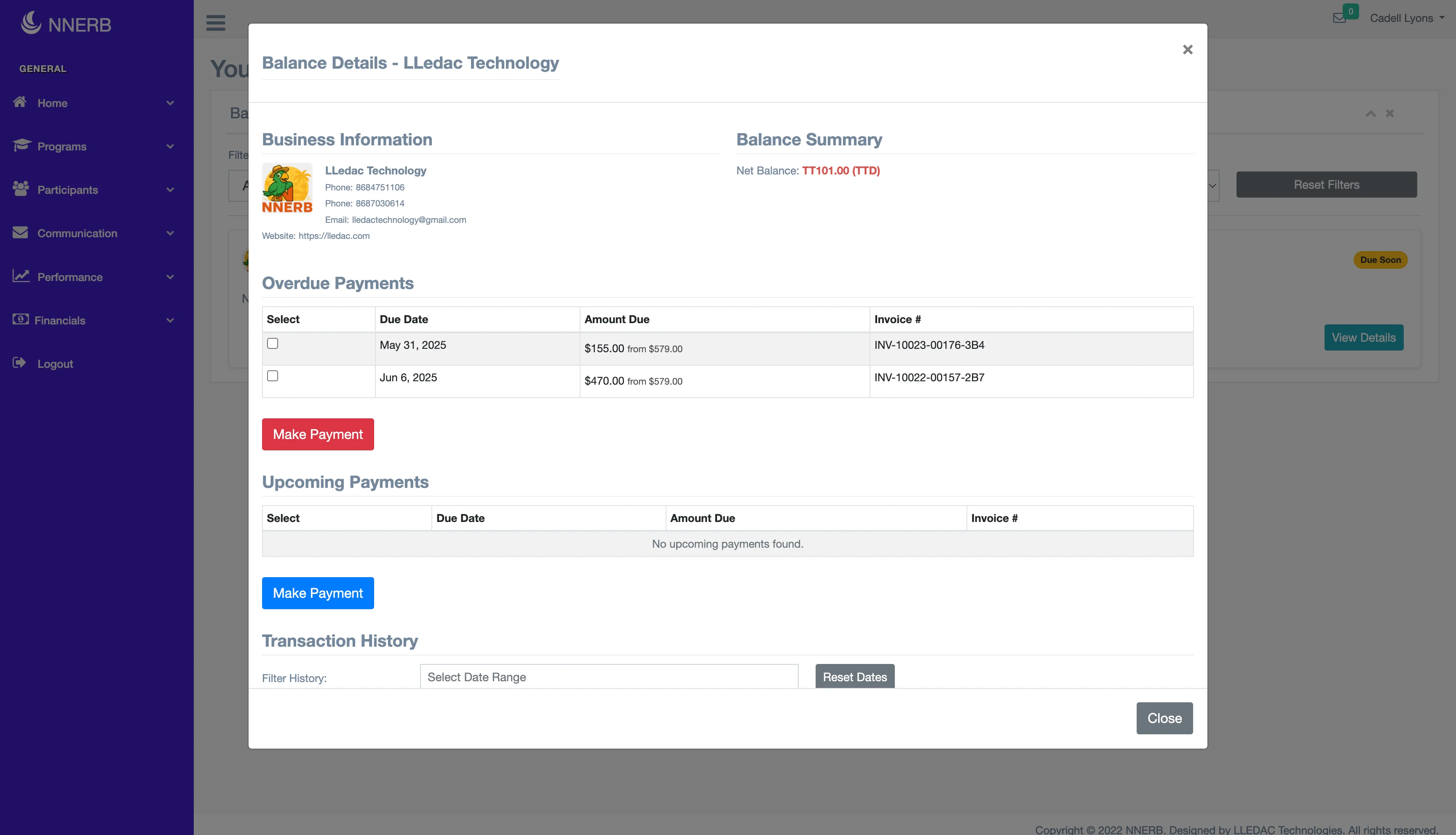 A screenshot of the self-service client portal in NNERB.