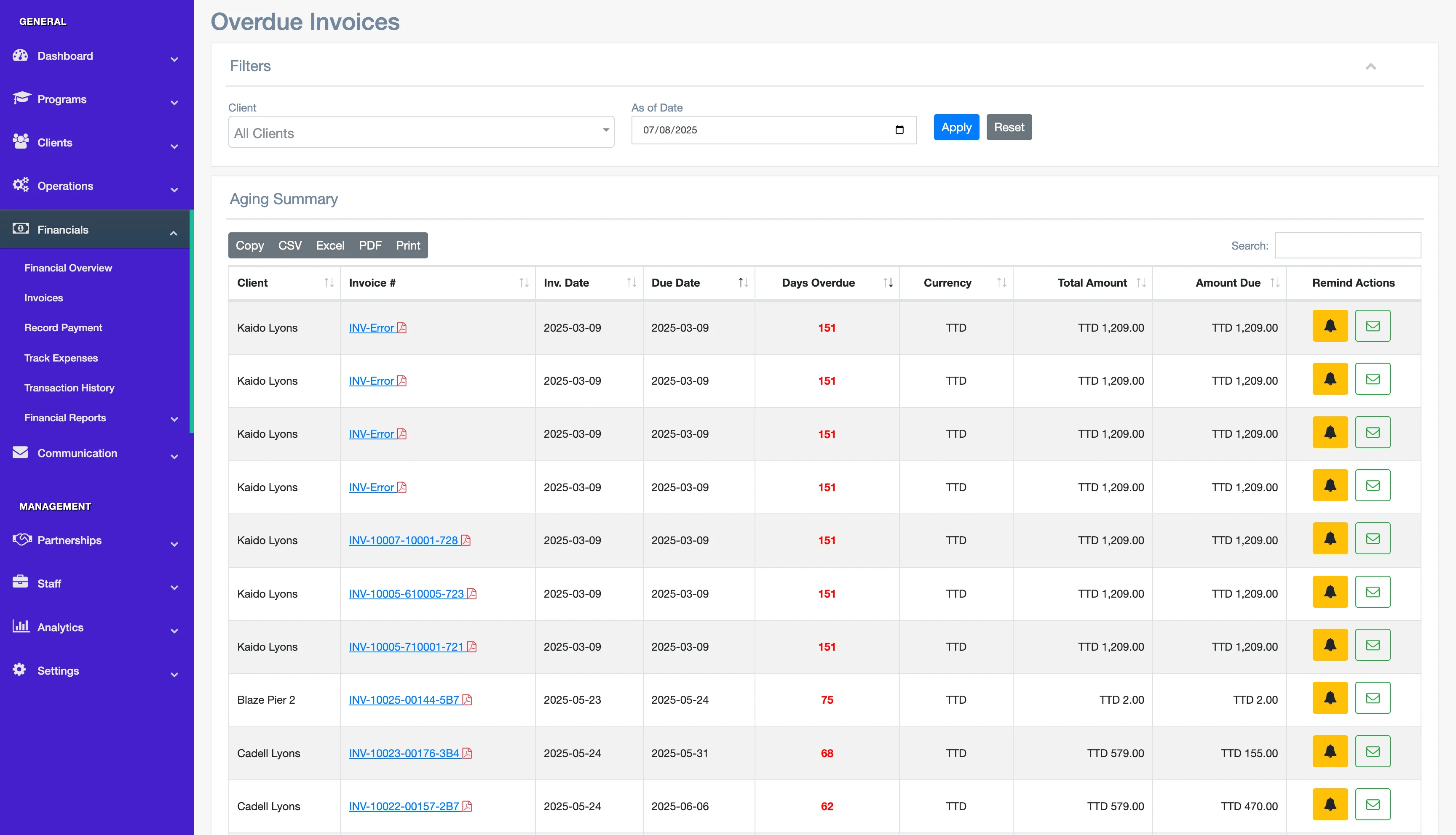 A screenshot of a client's financial summary and ledger in NNERB.