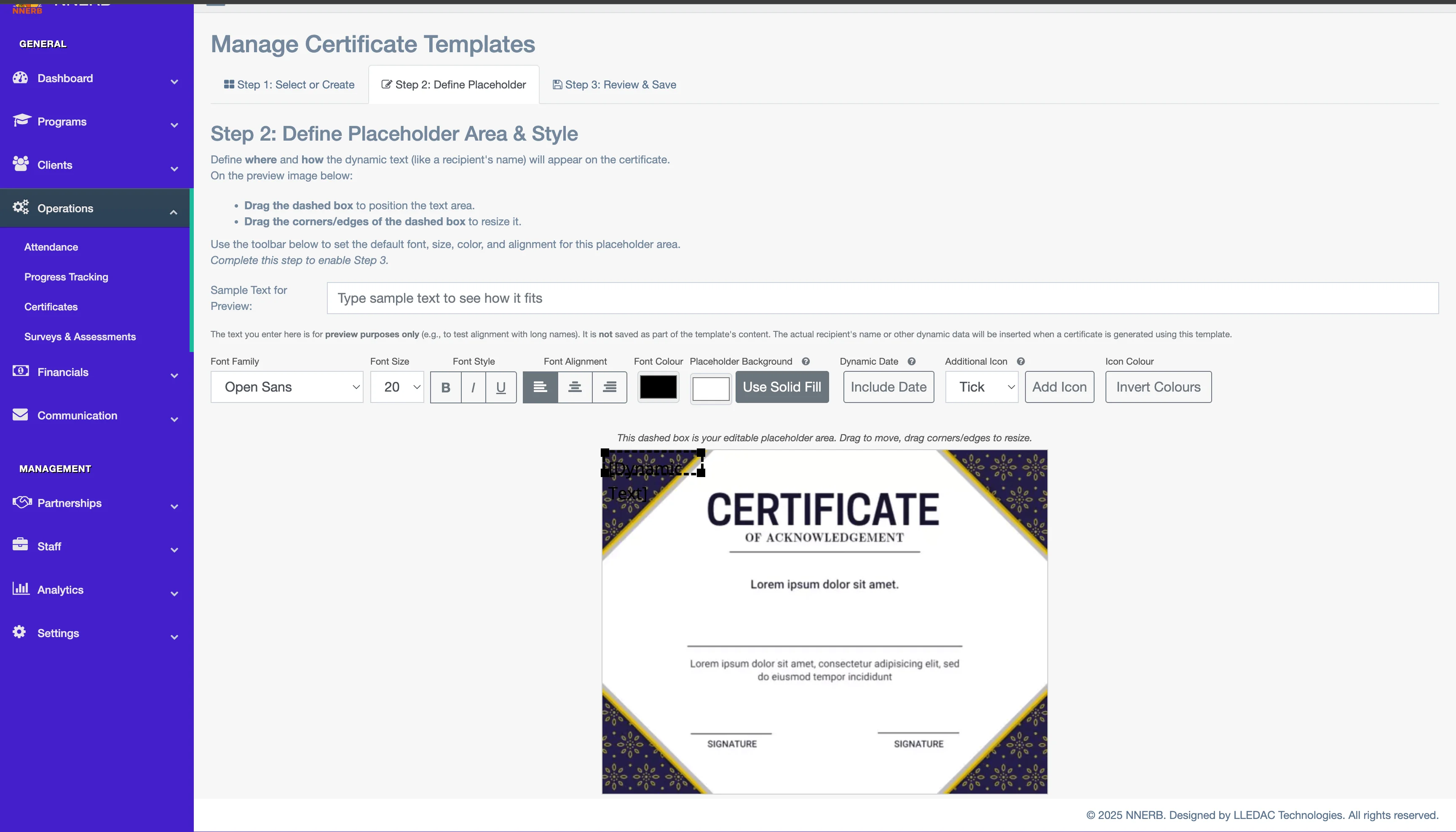 A screenshot of the NNERB certificate designer, showing a template being edited.