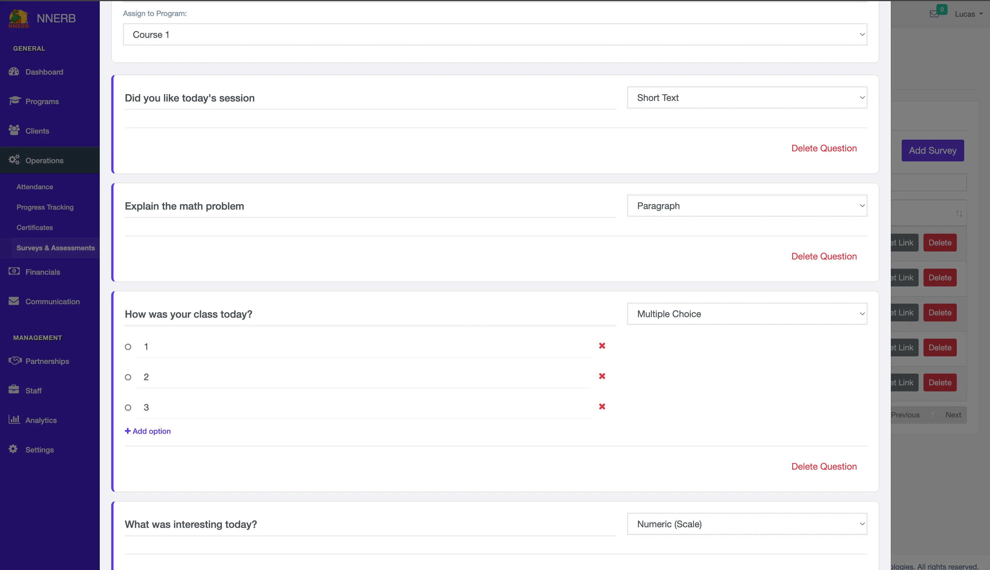 A screenshot of the NNERB survey and assessment builder.