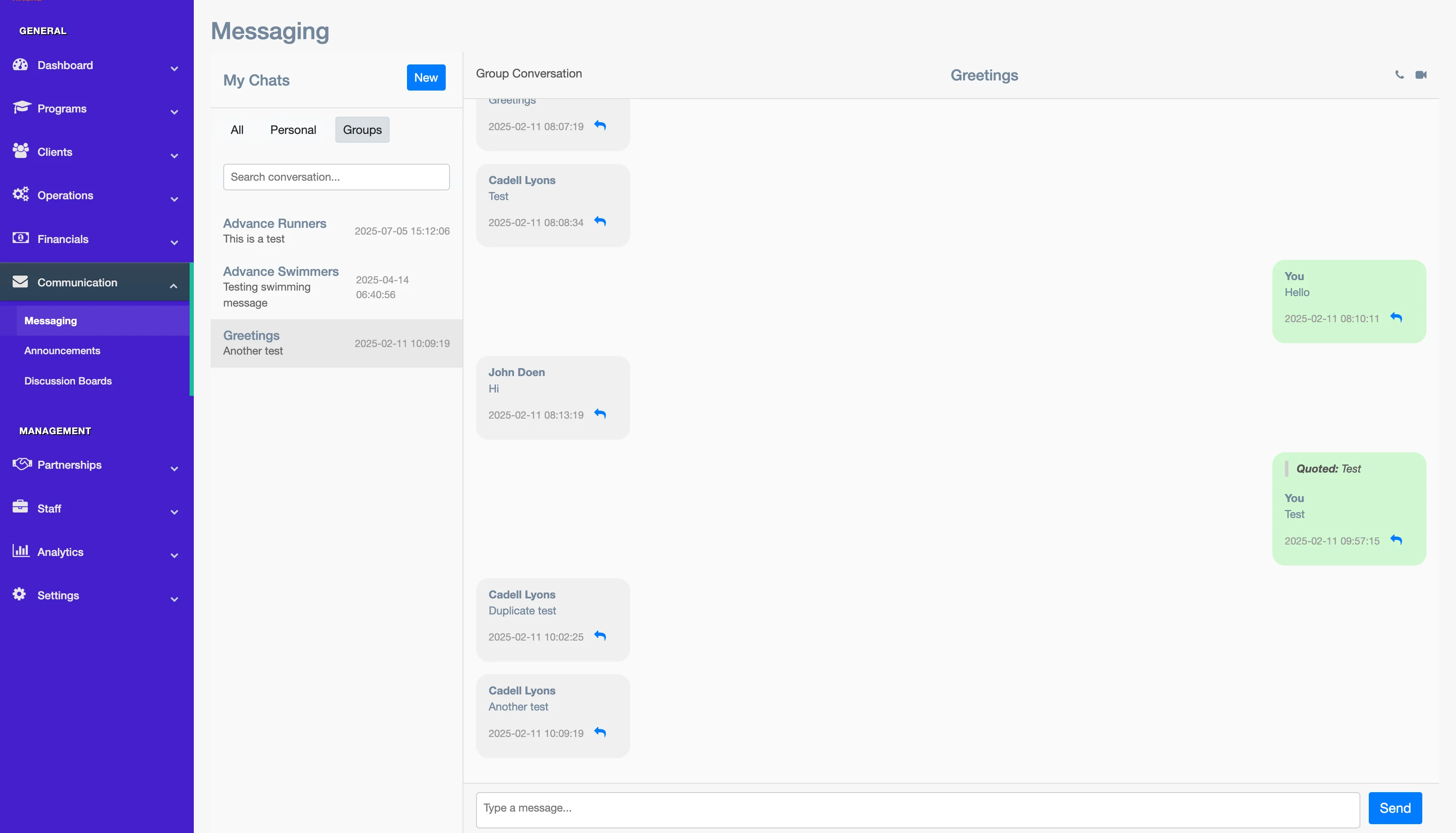 A screenshot of the direct messaging interface in NNERB.