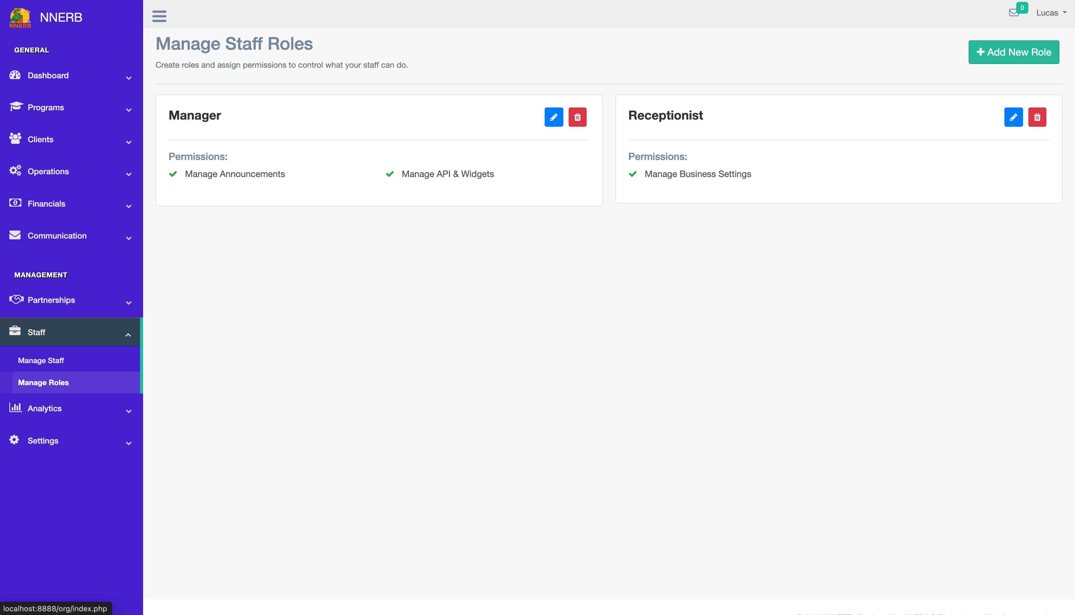 A screenshot of the staff and role management interface in NNERB.