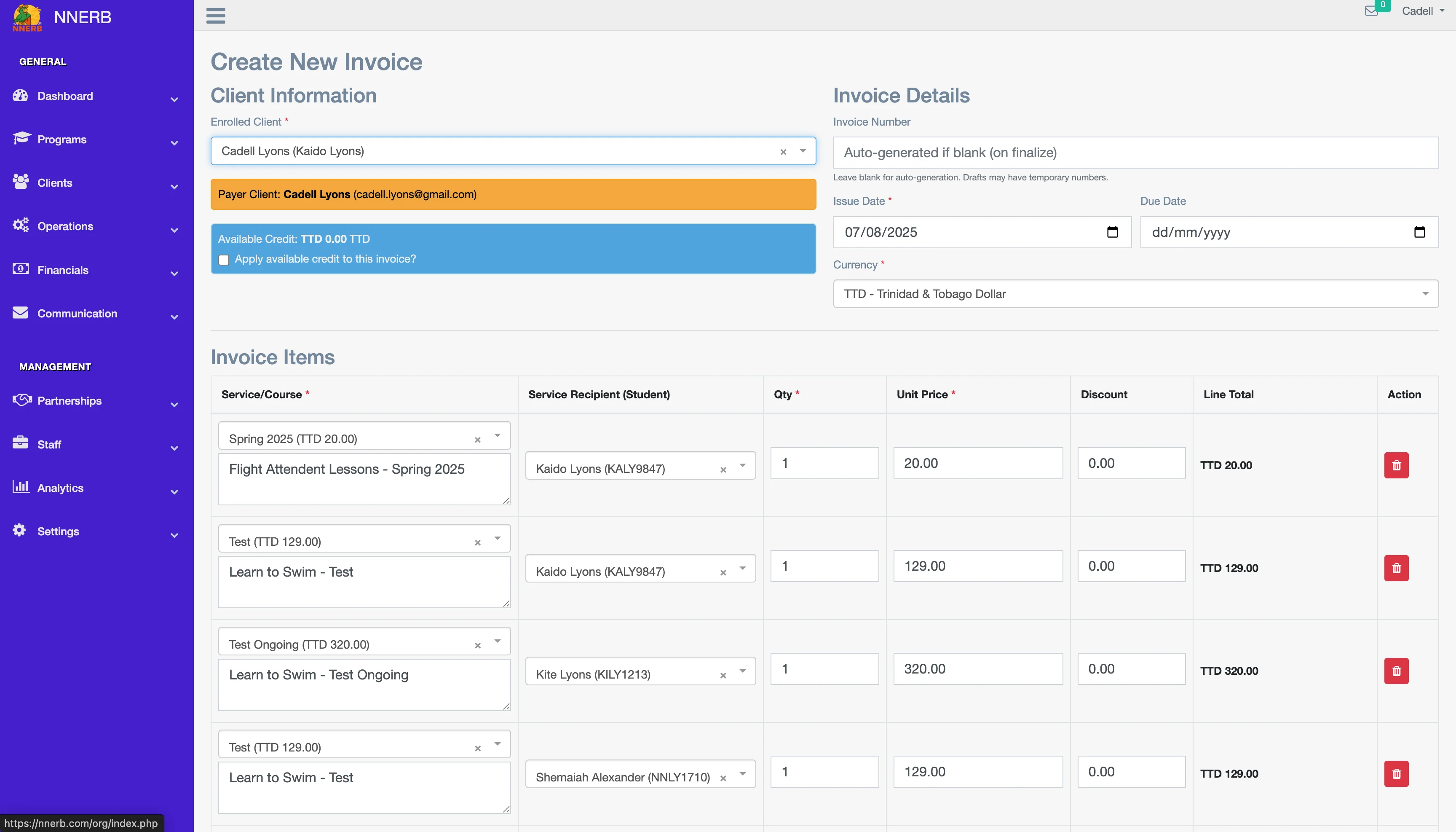 A screenshot of the NNERB invoice creation screen.