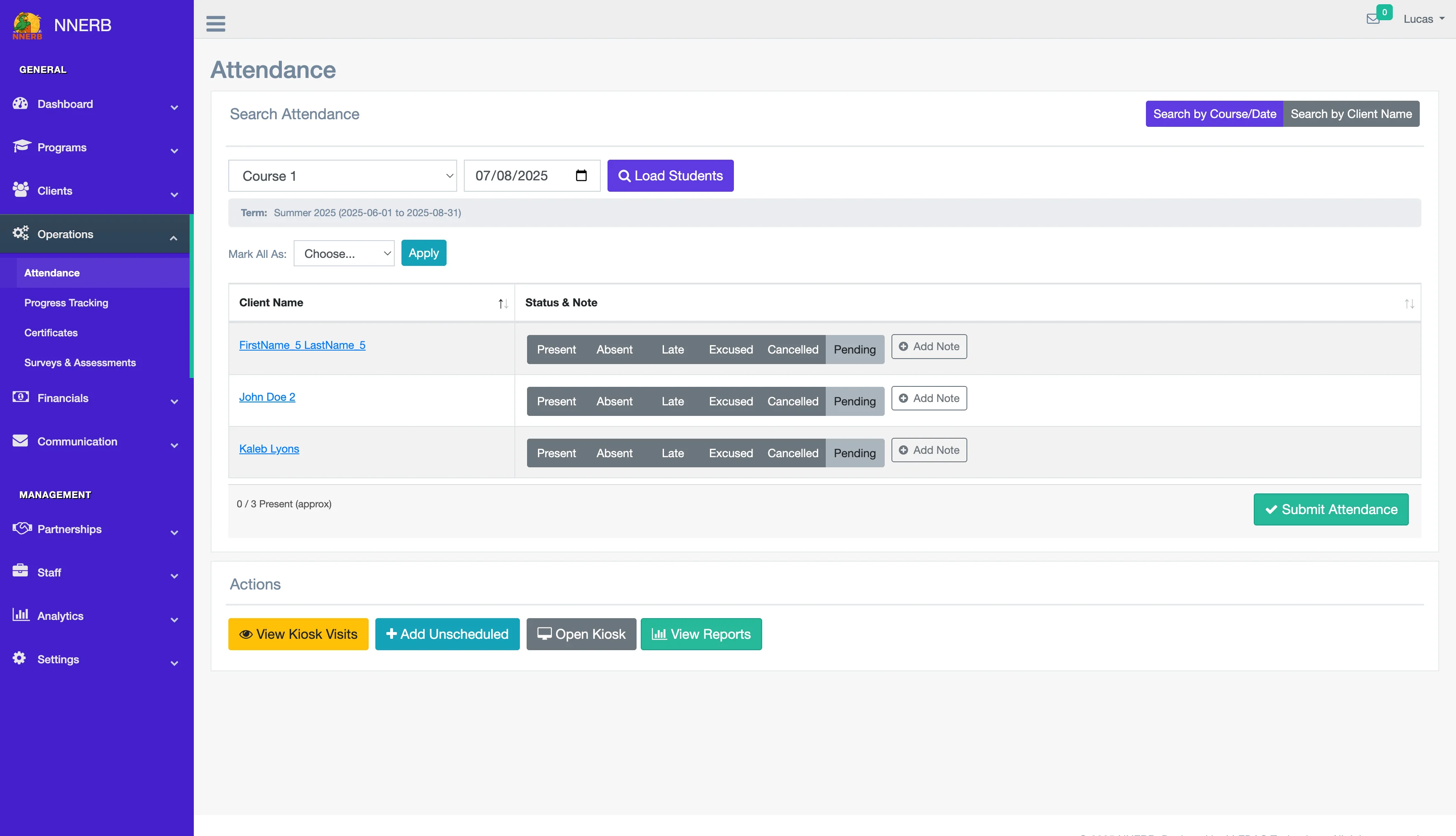 NNERB attendance workspace used to review attendance records.