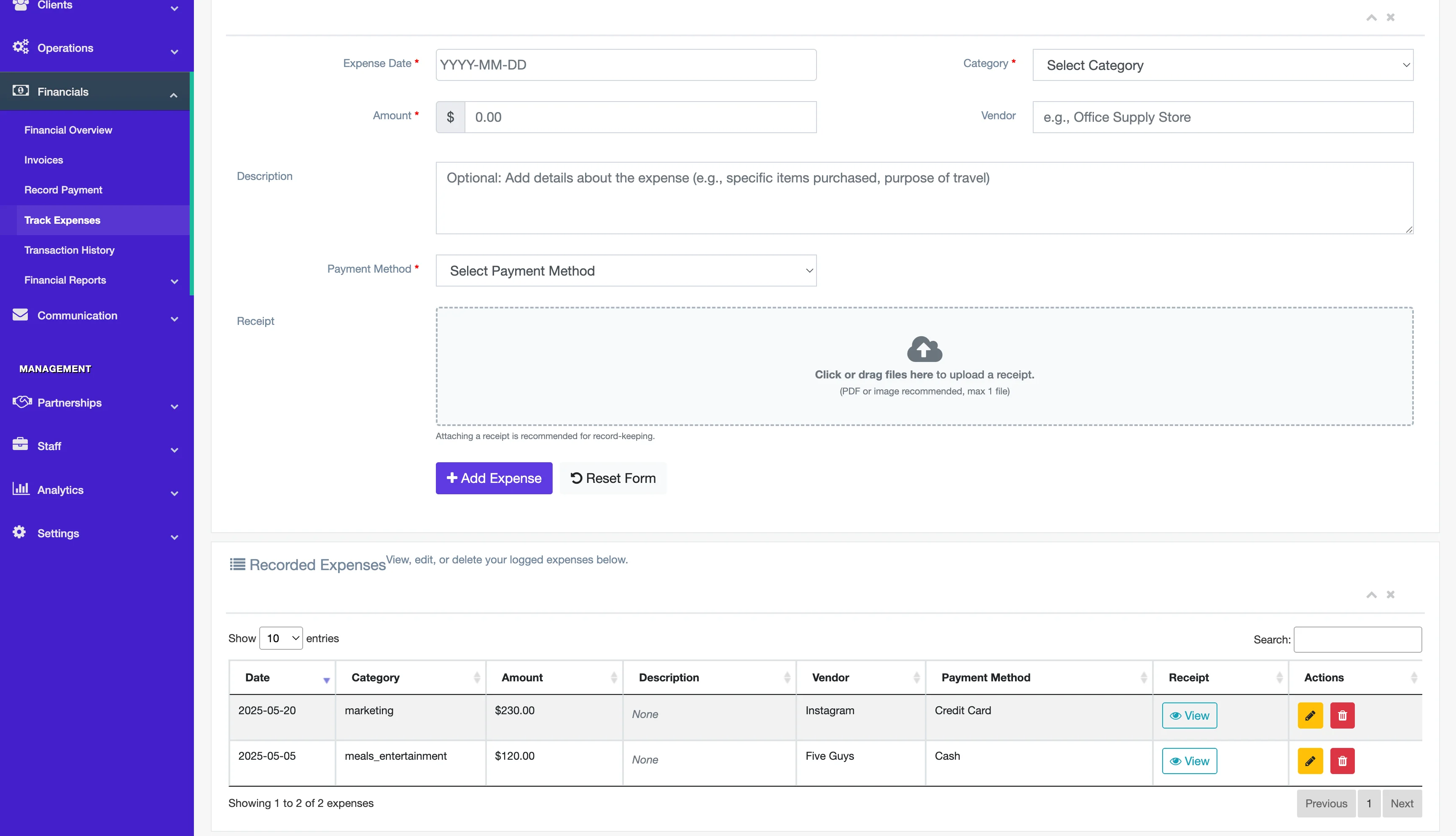 A screenshot of the expense tracking tool in NNERB.