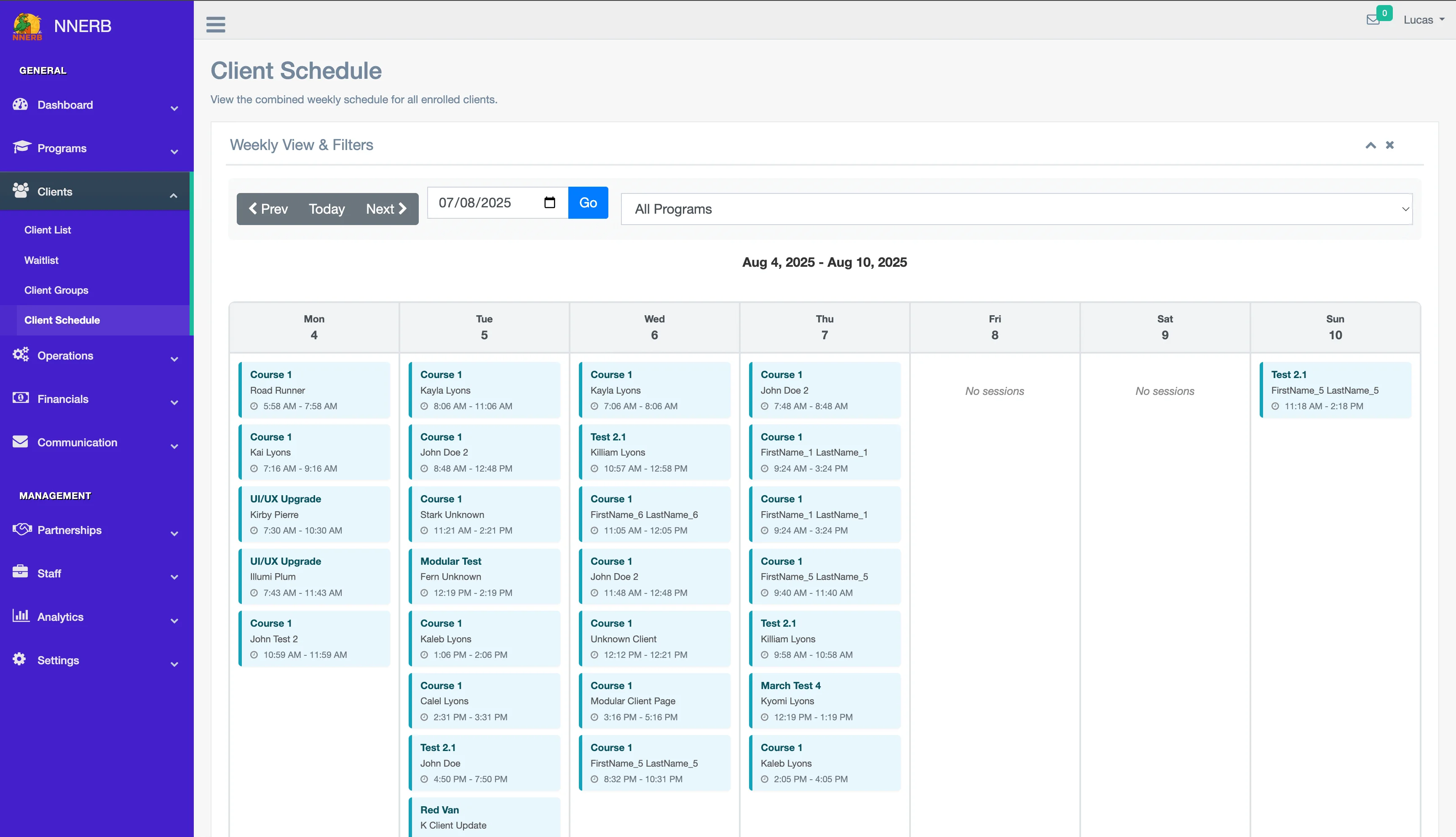 A screenshot of the weekly visual calendar in NNERB.
